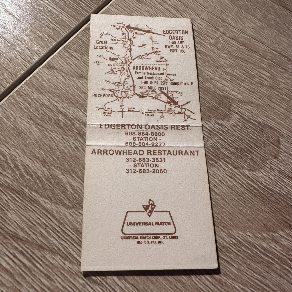 Vintage Edgerton Oasis Wisconsin Advertising Matchbook