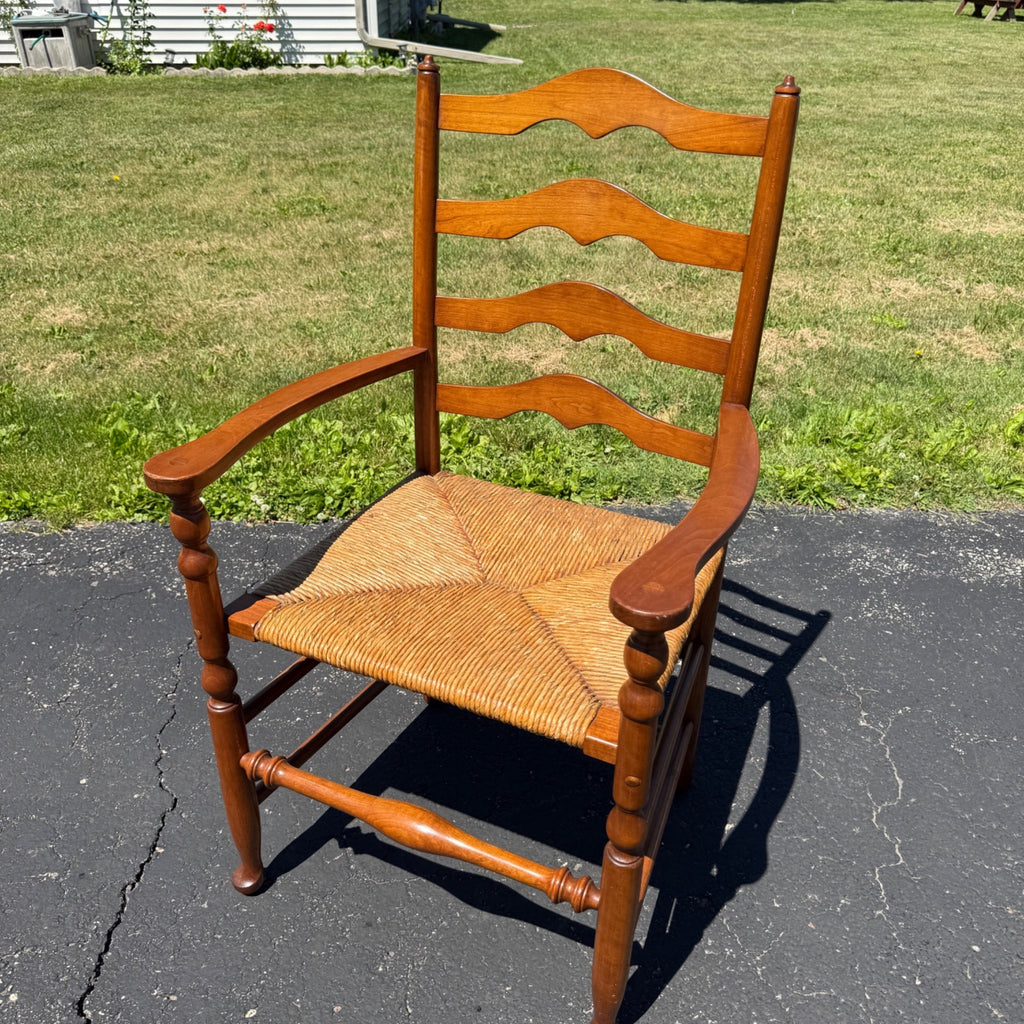 Vintage Ladderback Arm Chair Rush Seat Maple Early American Country Farmhouse