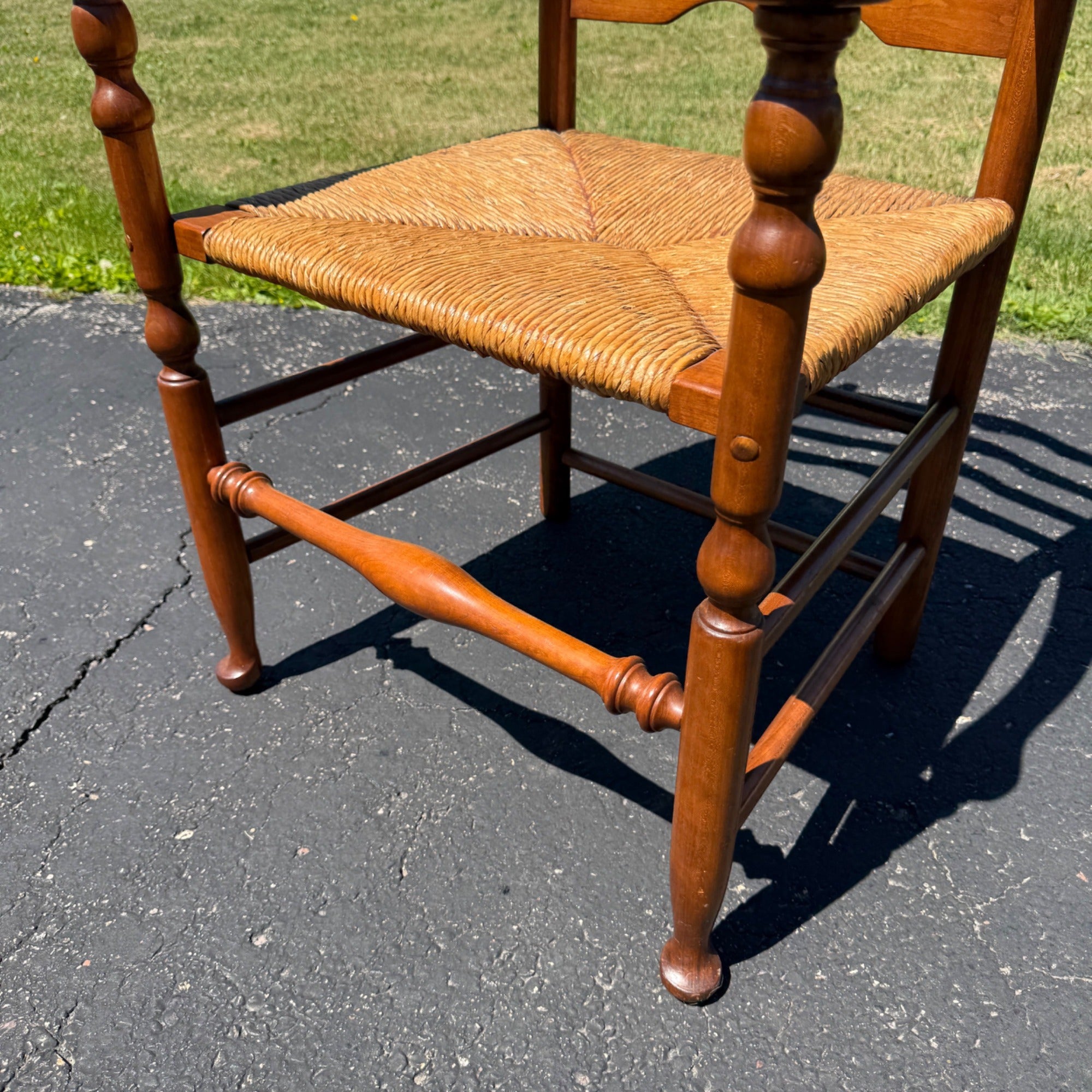 Vintage Ladderback Arm Chair Rush Seat Maple Early American Country Farmhouse