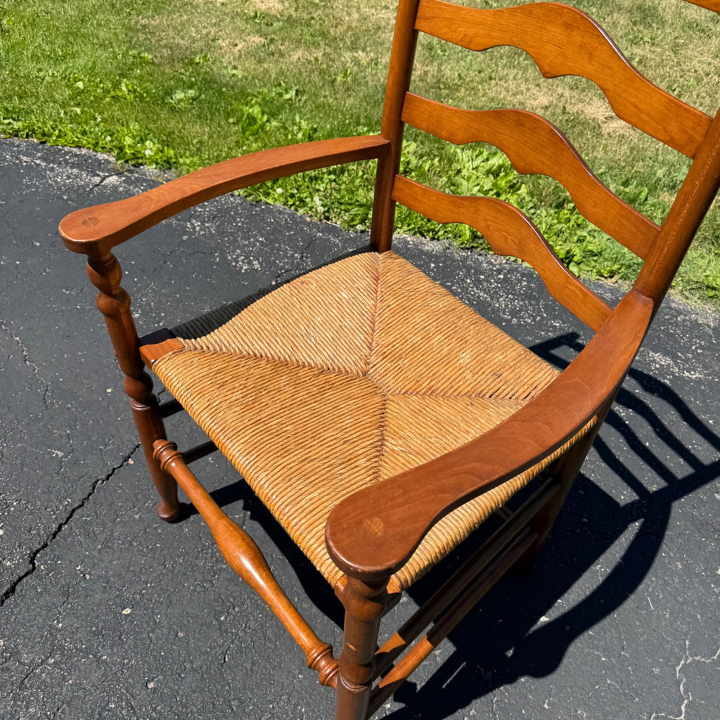 Vintage Ladderback Arm Chair Rush Seat Maple Early American Country Farmhouse