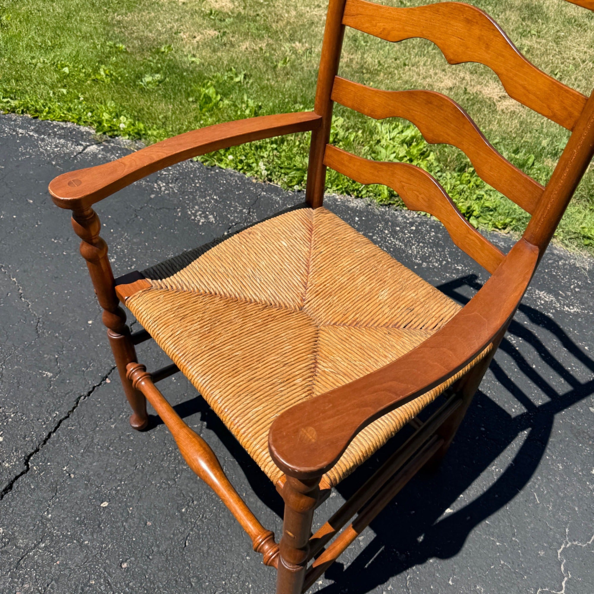 Vintage Ladderback Arm Chair Rush Seat Maple Early American Country Farmhouse
