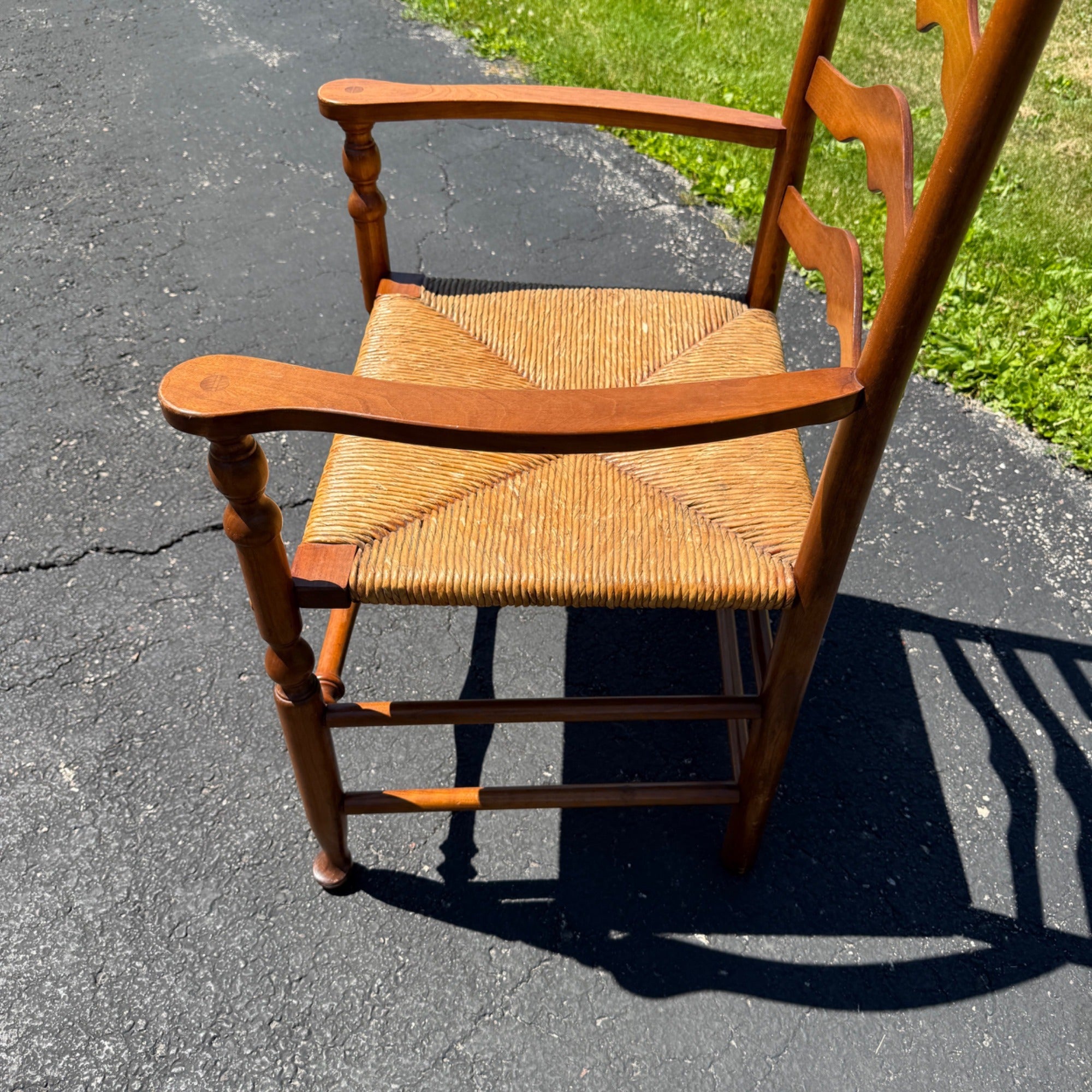 Vintage Ladderback Arm Chair Rush Seat Maple Early American Country Farmhouse
