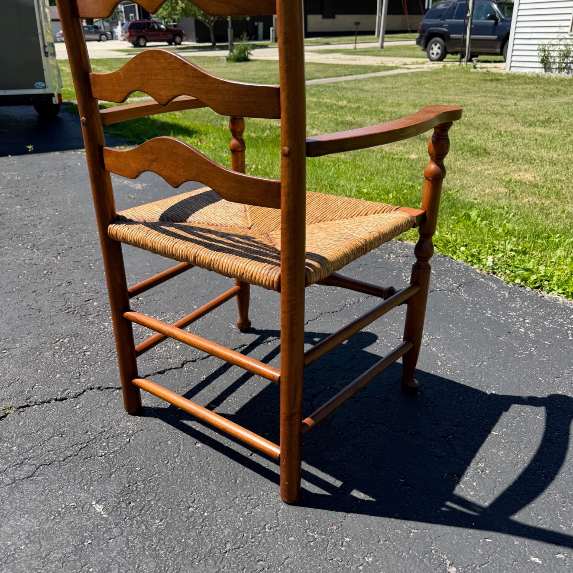Vintage Ladderback Arm Chair Rush Seat Maple Early American Country Farmhouse