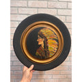 Vintage Hand-Painted Native American Indian w/ Headdress Round Portrait Wood Medallion Wall Art
