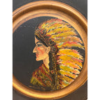 Vintage Hand-Painted Native American Indian w/ Headdress Round Portrait Wood Medallion Wall Art