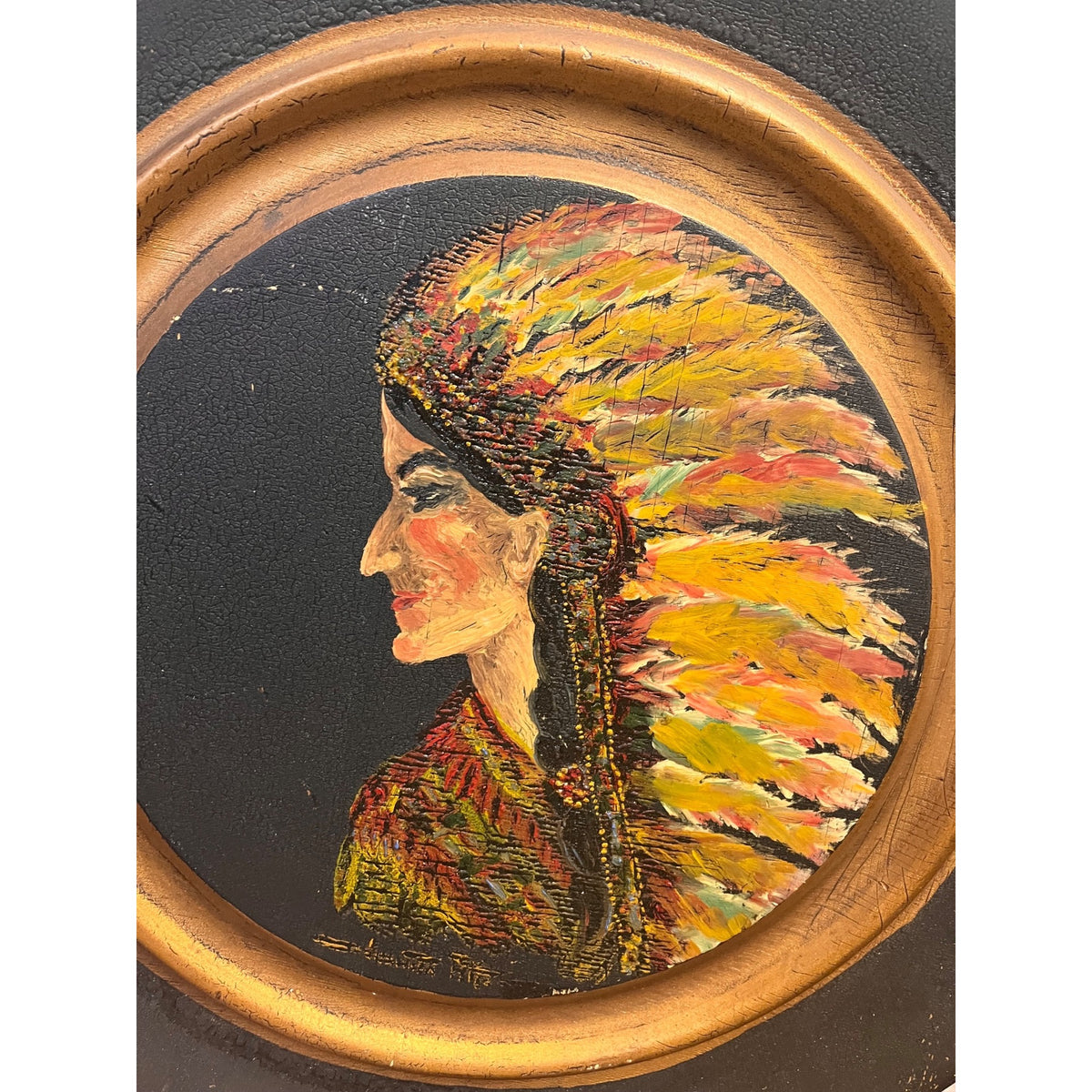 Vintage Hand-Painted Native American Indian w/ Headdress Round Portrait Wood Medallion Wall Art