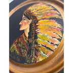 Vintage Hand-Painted Native American Indian w/ Headdress Round Portrait Wood Medallion Wall Art