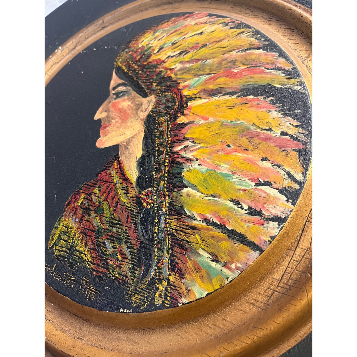 Vintage Hand-Painted Native American Indian w/ Headdress Round Portrait Wood Medallion Wall Art