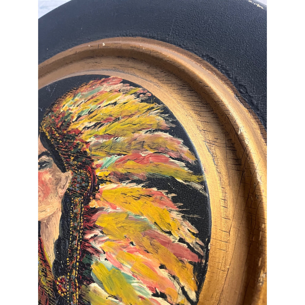 Vintage Hand-Painted Native American Indian w/ Headdress Round Portrait Wood Medallion Wall Art