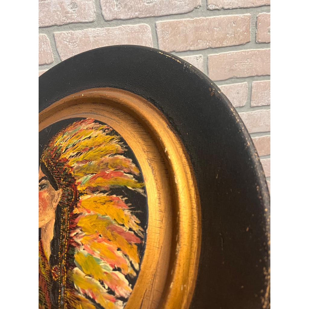 Vintage Hand-Painted Native American Indian w/ Headdress Round Portrait Wood Medallion Wall Art