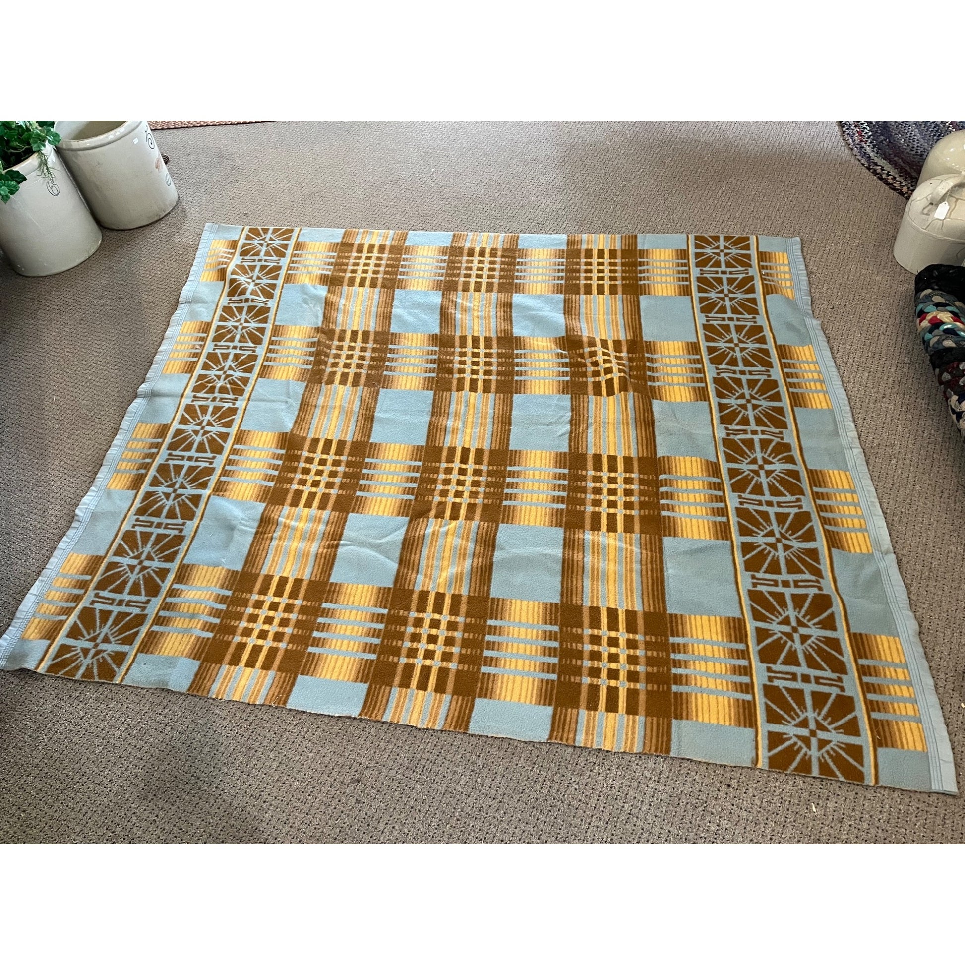 Vintage Southwest Style Blue & Brown Fleece or Wool Blanket 65"x77"