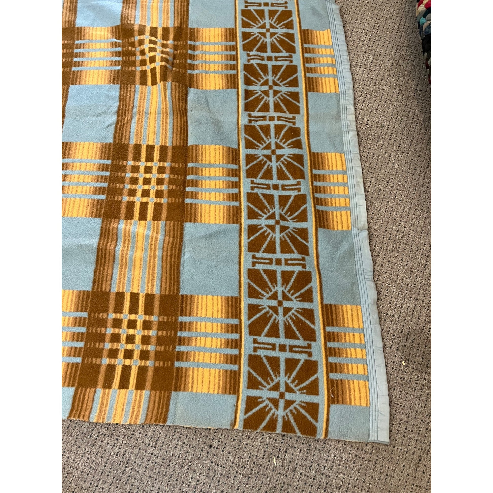 Vintage Southwest Style Blue & Brown Fleece or Wool Blanket 65"x77"