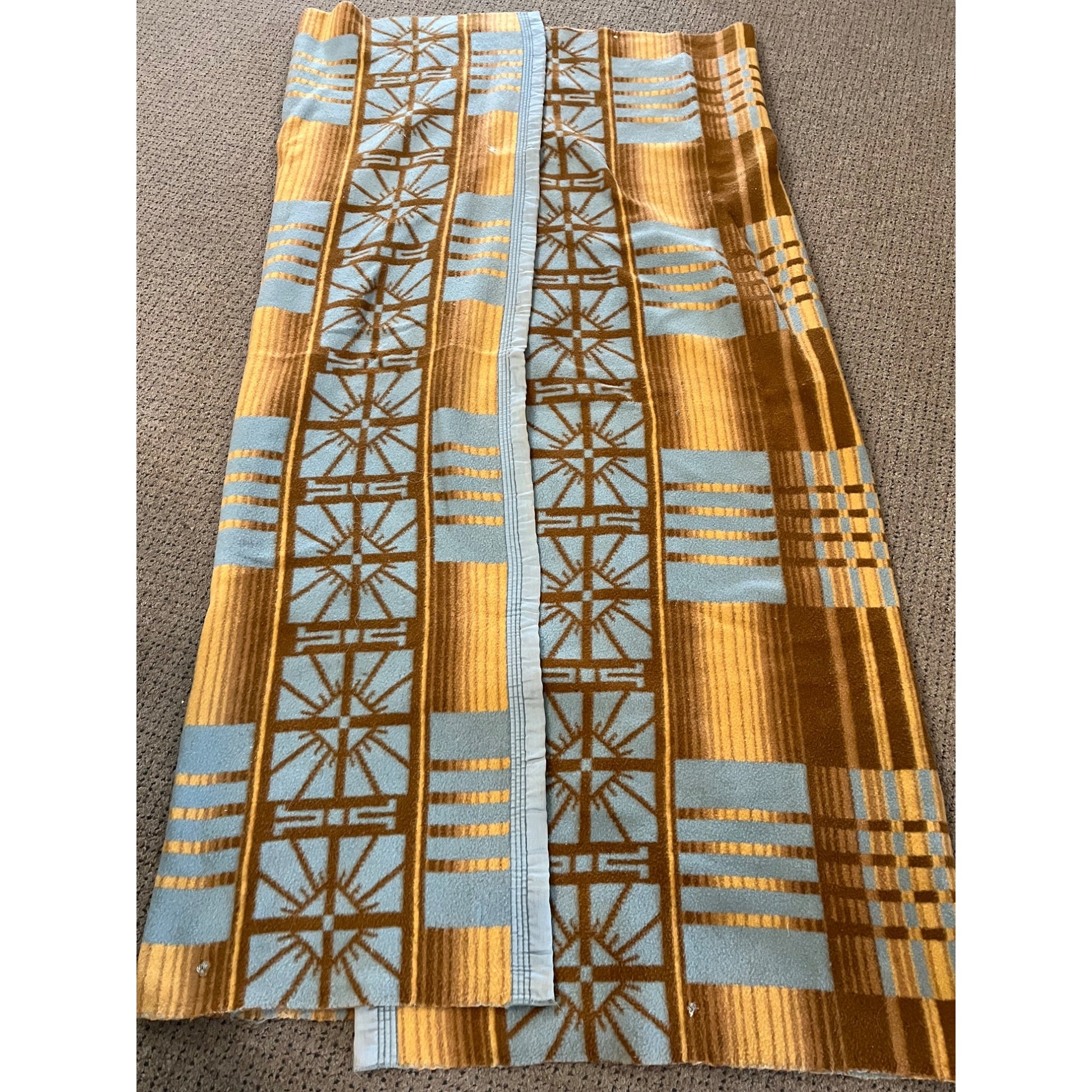 Vintage Southwest Style Blue & Brown Fleece or Wool Blanket 65"x77"