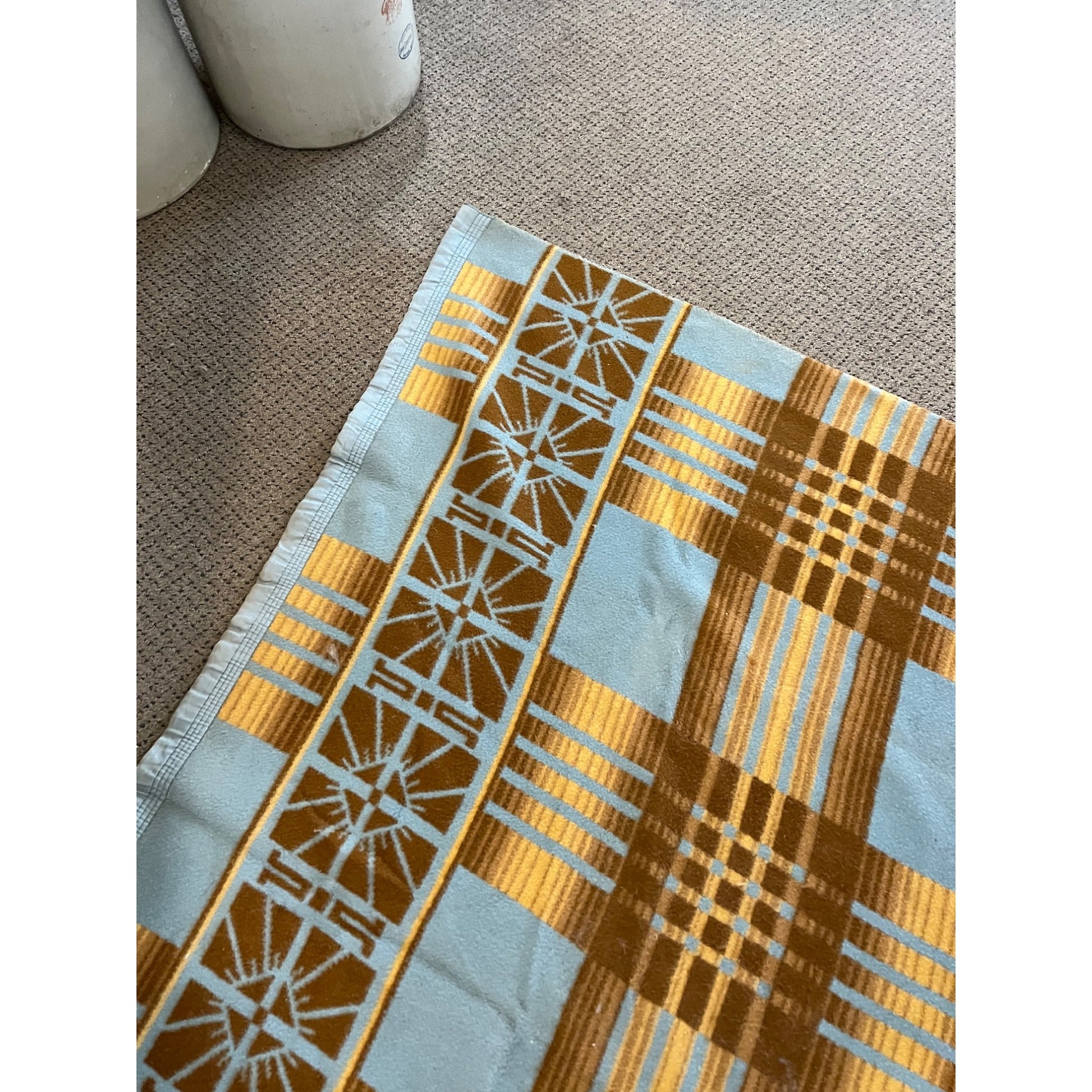 Vintage Southwest Style Blue & Brown Fleece or Wool Blanket 65"x77"