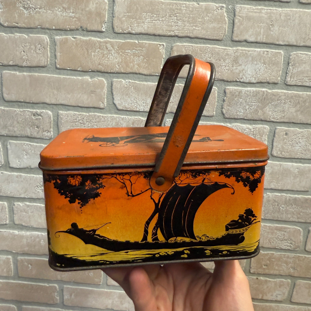 Scarce 1950's One Handle Lindbergh Plane Tin Lunchbox Lithograph Great Graphics