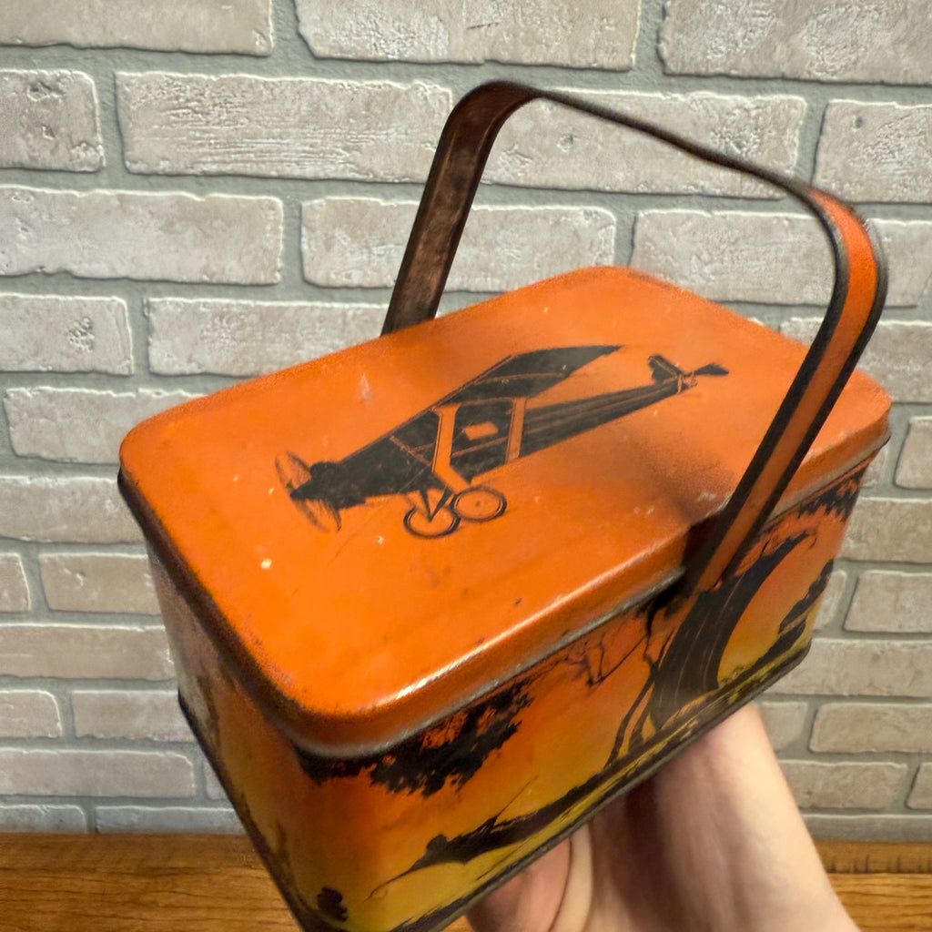 Scarce 1950's One Handle Lindbergh Plane Tin Lunchbox Lithograph Great Graphics