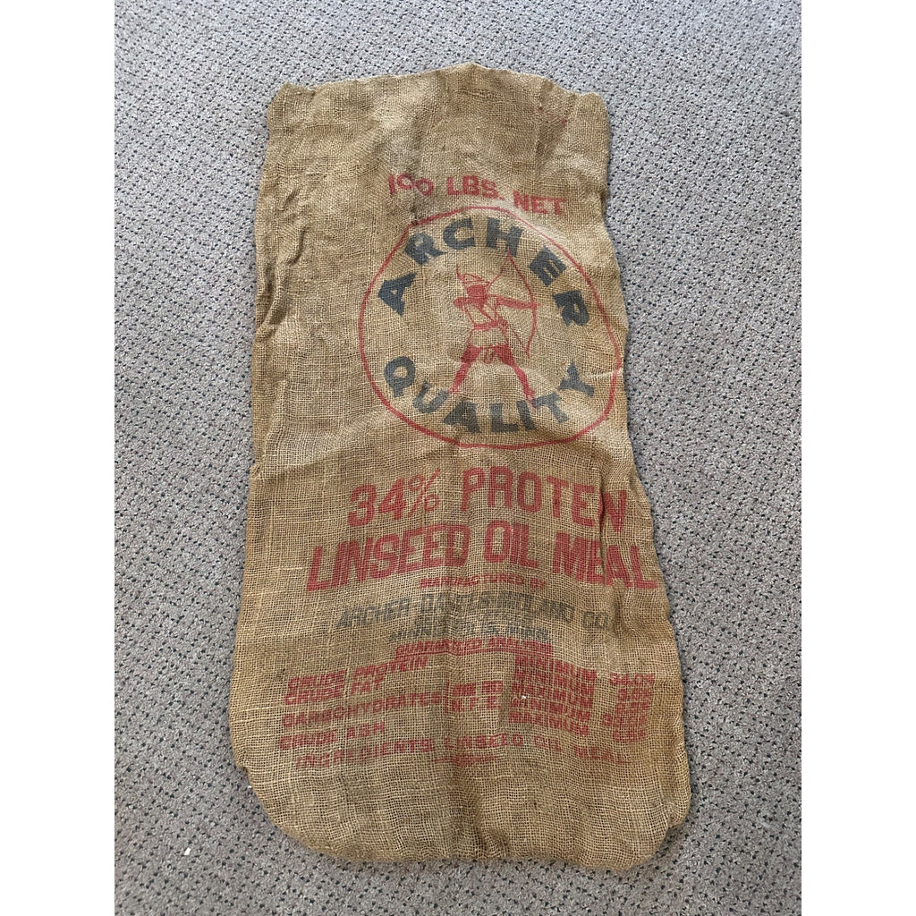 Vintage Archer Linseed Oil Meal Seeds Burlap Sack Bag Farm Advertising