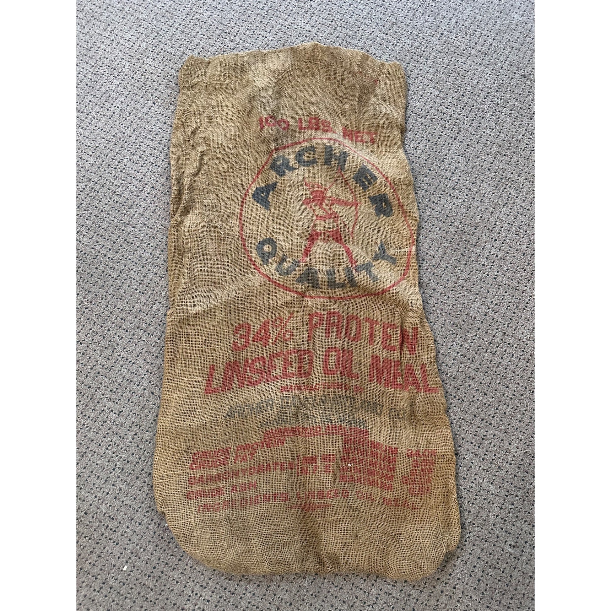 Vintage Archer Linseed Oil Meal Seeds Burlap Sack Bag Farm Advertising