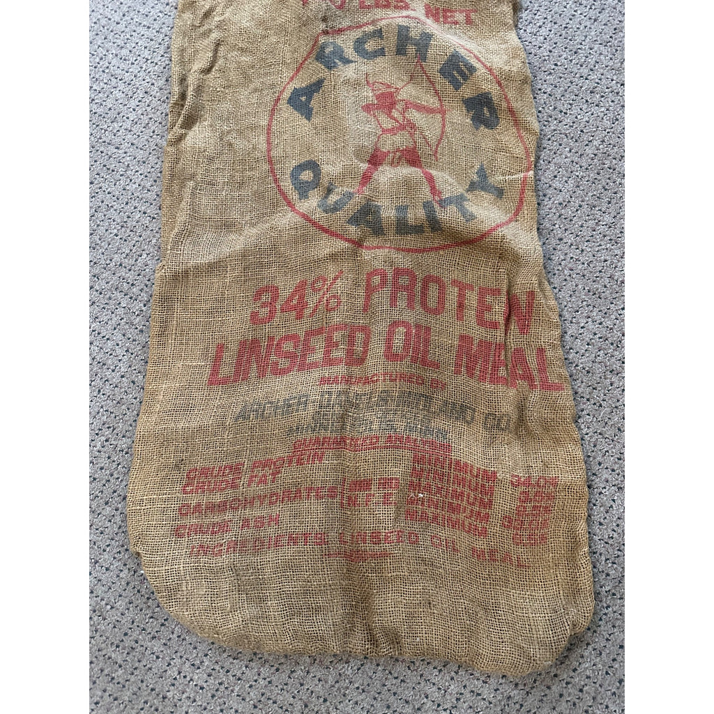 Vintage Archer Linseed Oil Meal Seeds Burlap Sack Bag Farm Advertising