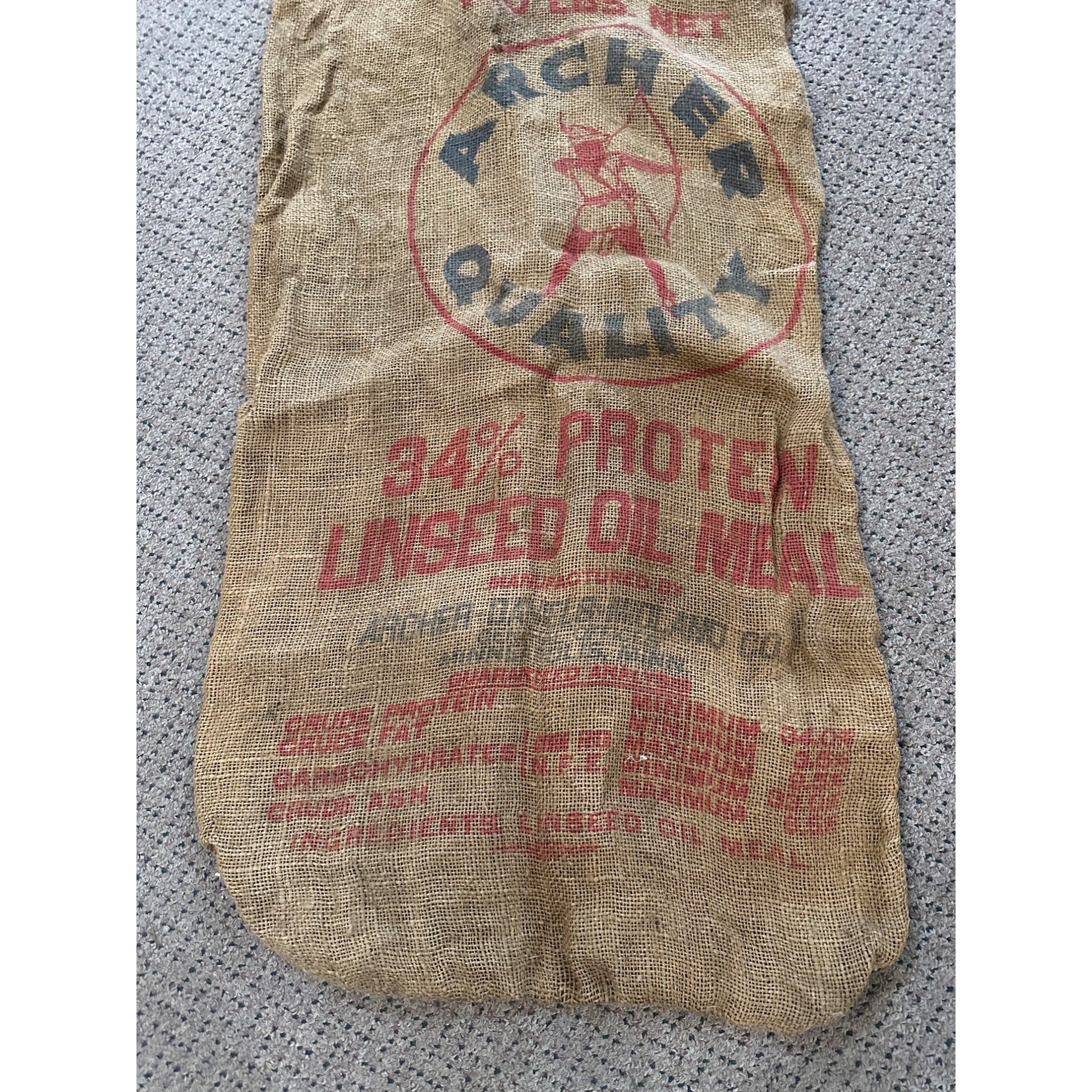 Vintage Archer Linseed Oil Meal Seeds Burlap Sack Bag Farm Advertising