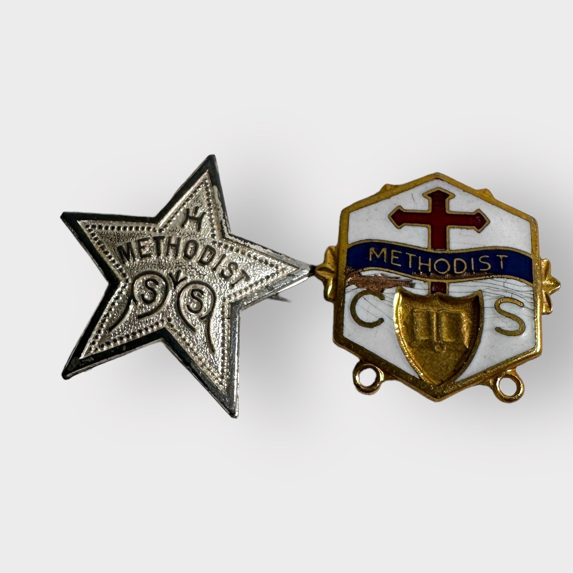 Vintage METHODIST Sterling 5-Point Star Pin + Enamel Christian Religious Lot (2) Pins