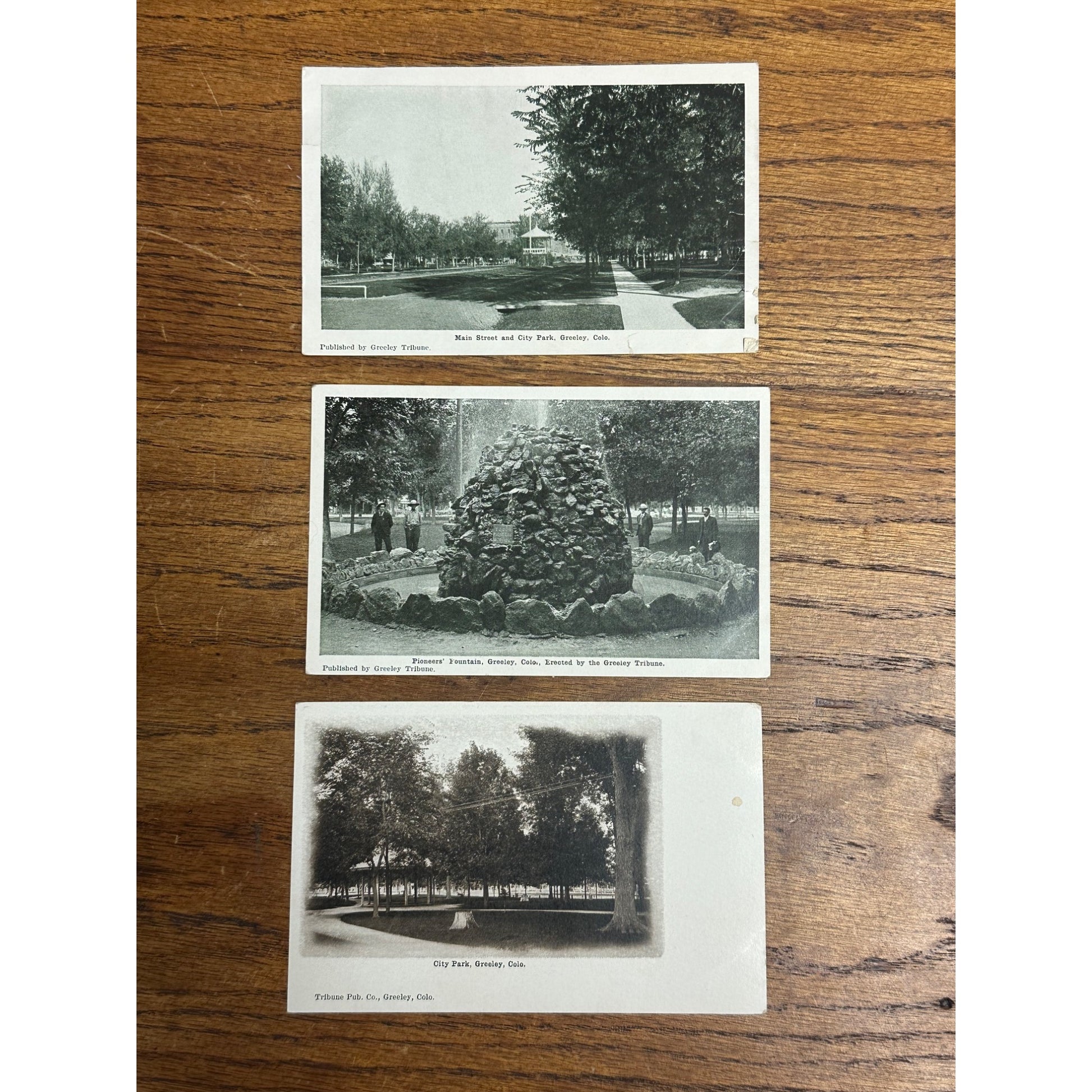 Greeley CO Colorado RPPC Postcards Lot (3) City Park, Pioneers Fountain, Main St