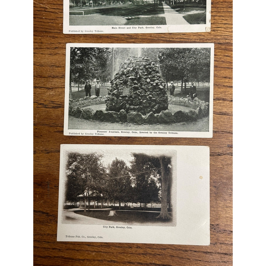 Greeley CO Colorado RPPC Postcards Lot (3) City Park, Pioneers Fountain, Main St