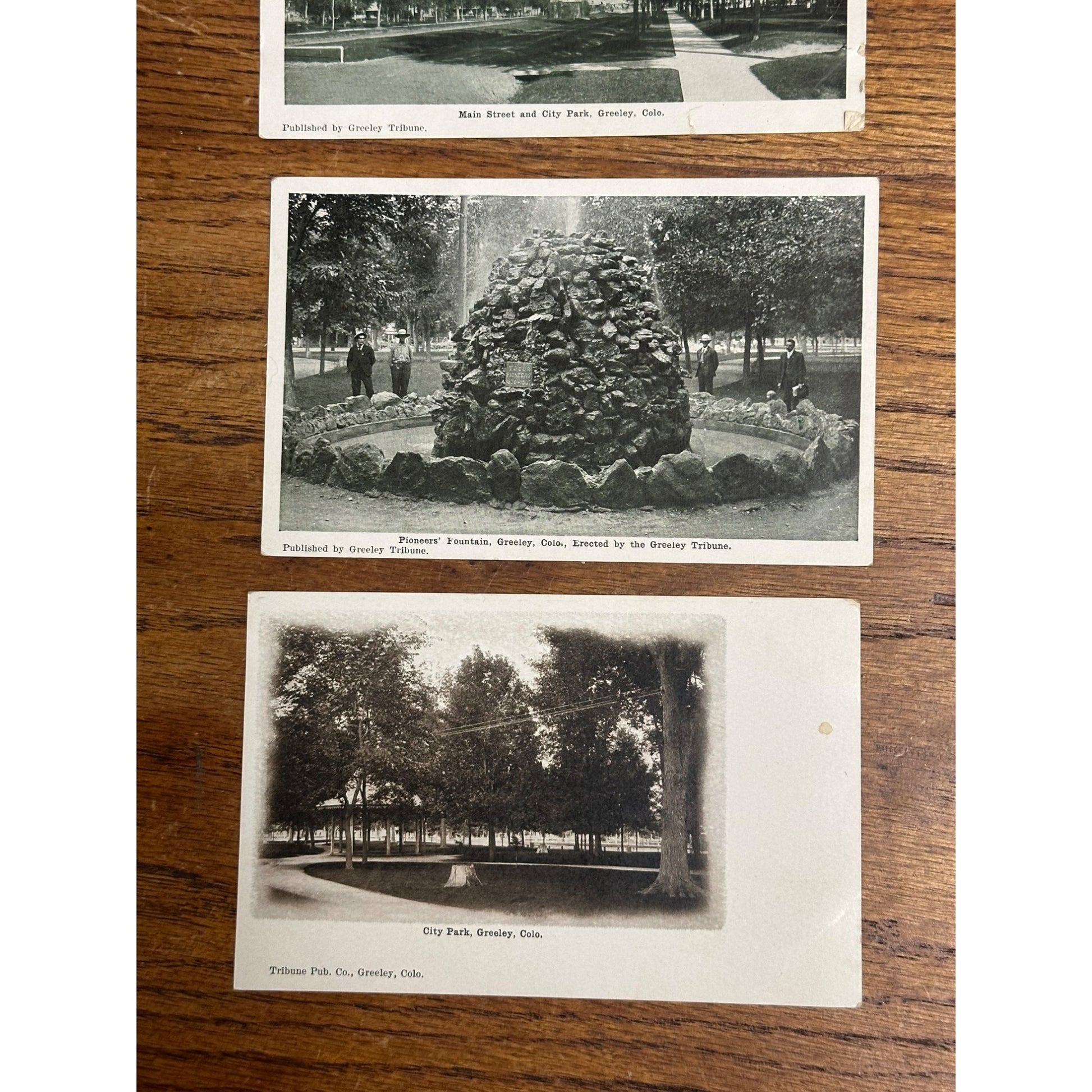 Greeley CO Colorado RPPC Postcards Lot (3) City Park, Pioneers Fountain, Main St