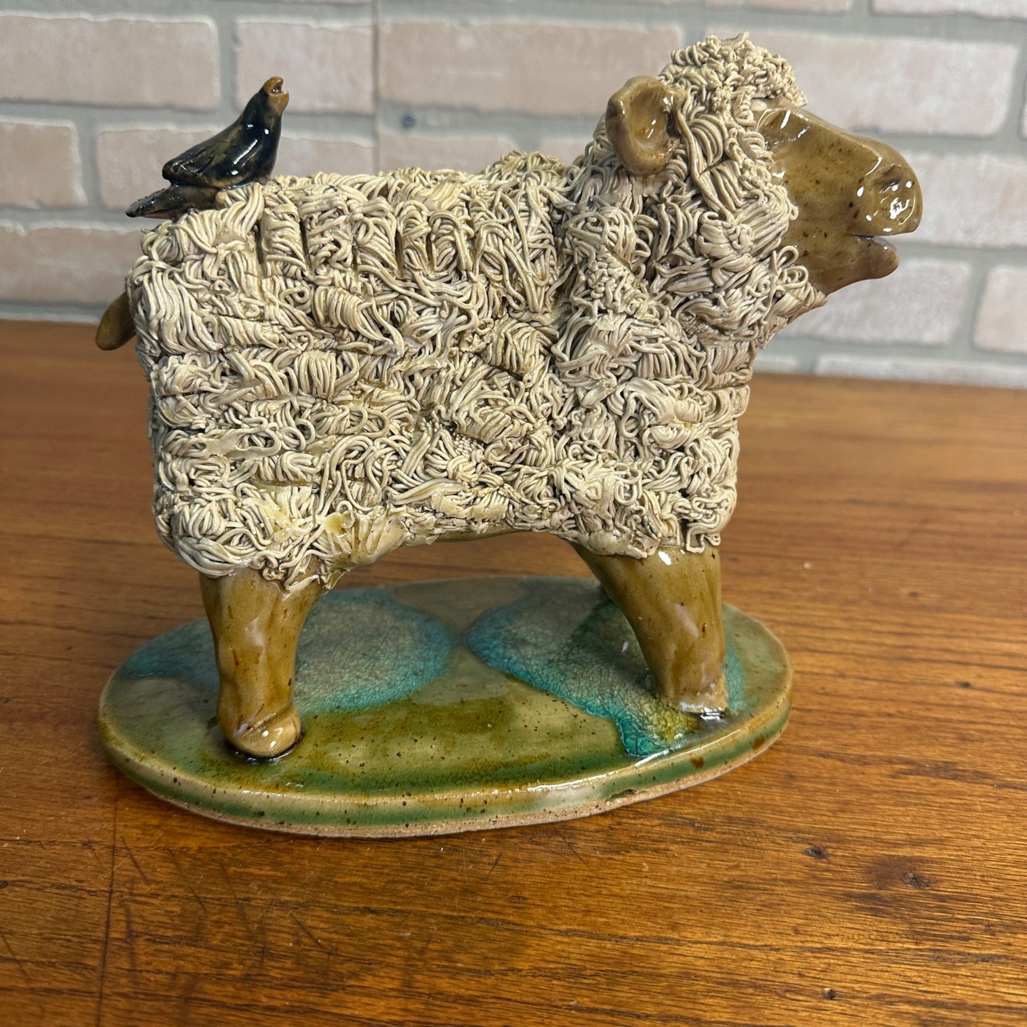 Primitive Folk Art Fgural Sheep Pottery Figure Crystal King Seagrove NC Signed 2014