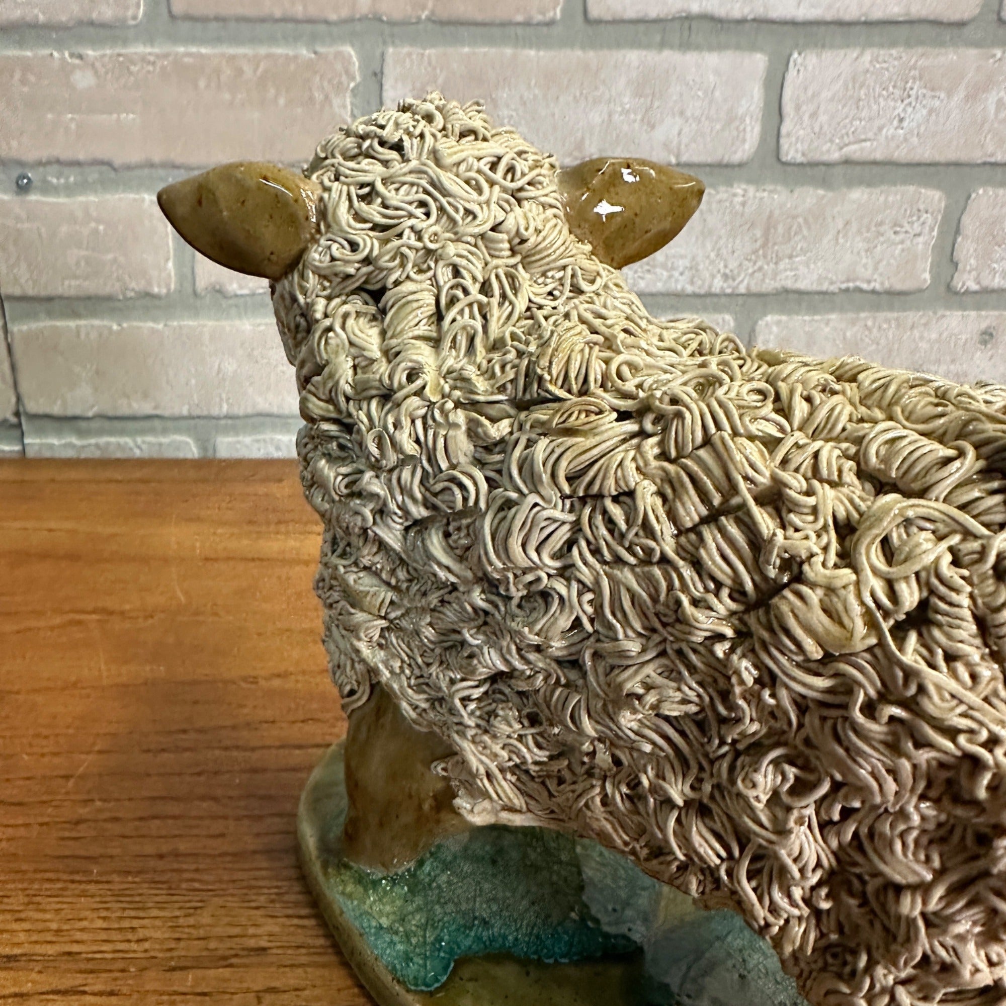 Primitive Folk Art Fgural Sheep Pottery Figure Crystal King Seagrove NC Signed 2014