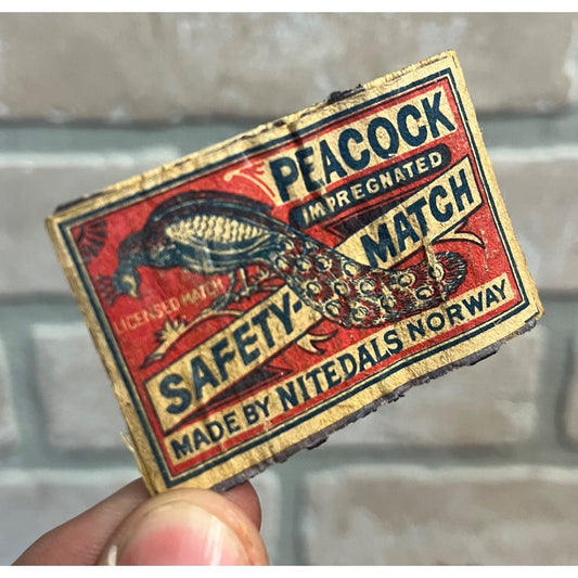 Vintage 1920s Peacock Safety Matches Box Cover Label Advertising Norway