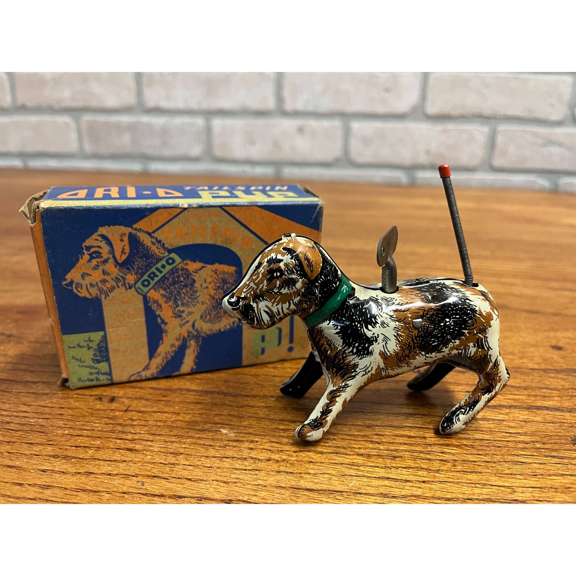 Vintage Ori-O Tailspin Pup Windup Dog Tin Litho Toy w/ Box - Orianna Metal Works