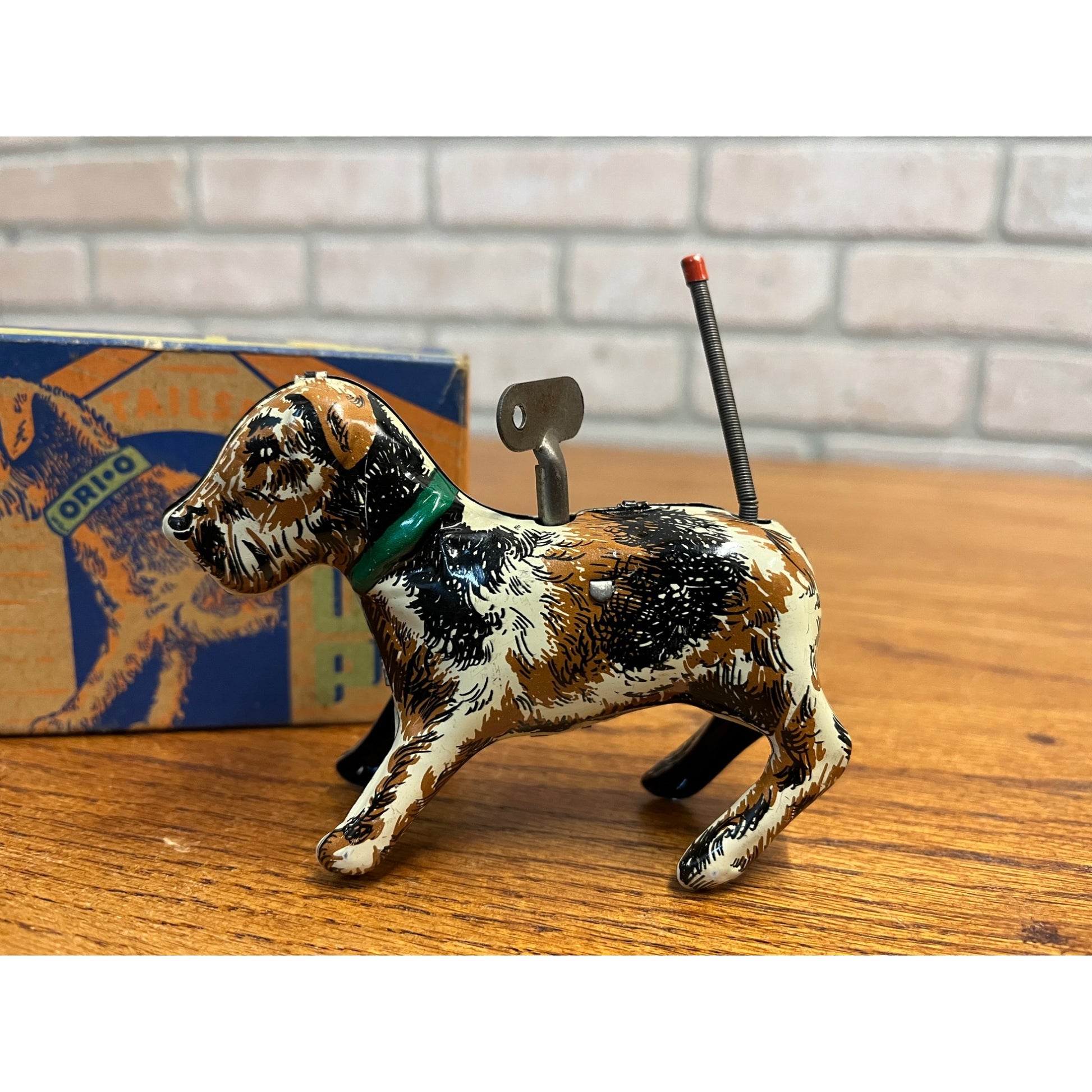Vintage Ori-O Tailspin Pup Windup Dog Tin Litho Toy w/ Box - Orianna Metal Works
