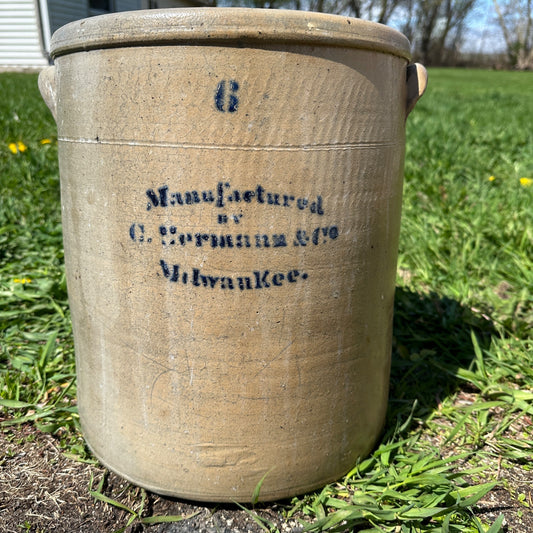 Antique 6 Gallon Hermann Milwaukee Wisconsin Stoneware Crock Salt Glaze