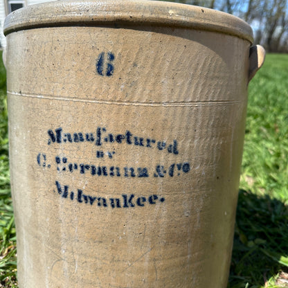 Antique 6 Gallon Hermann Milwaukee Wisconsin Stoneware Crock Salt Glaze