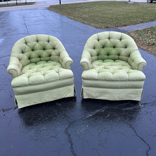 Pair of Mid Century Green Button Tufted Upholstered Chairs Swivel Armchairs