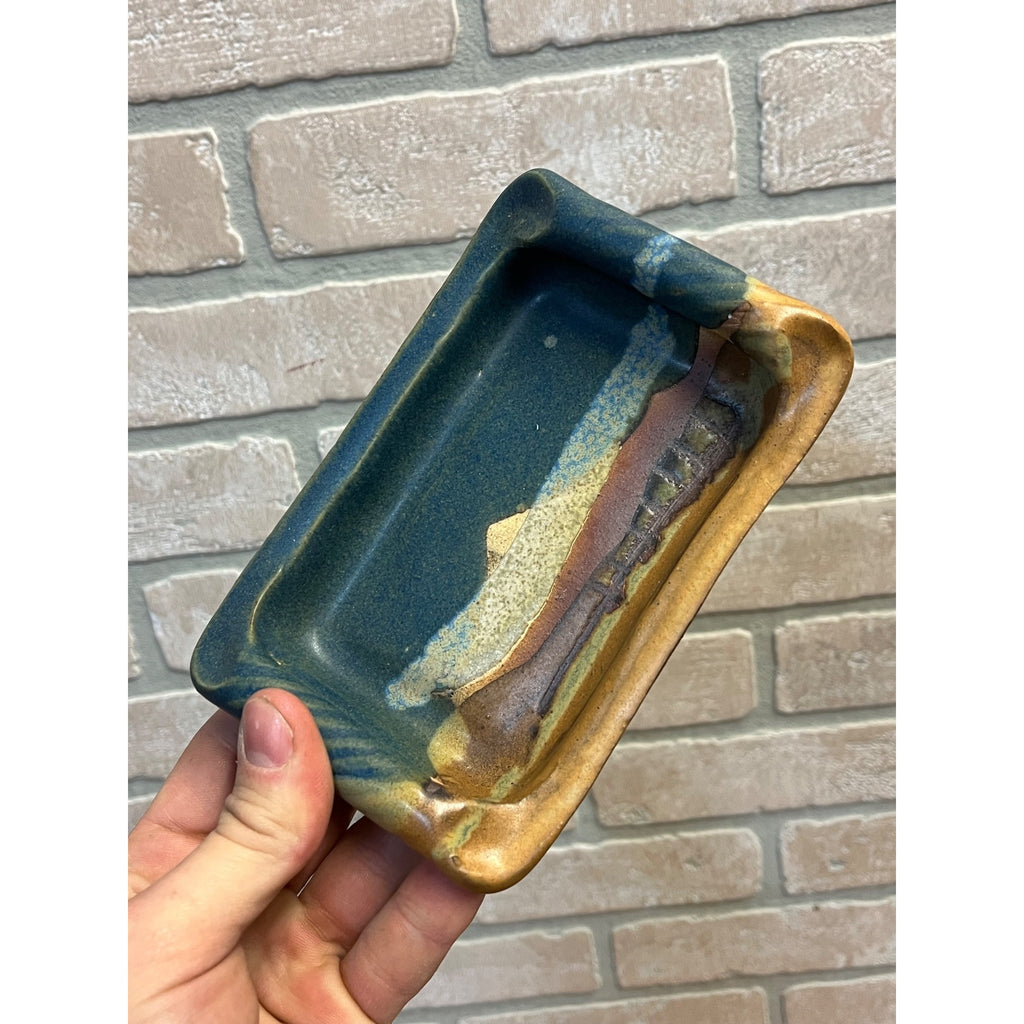 Vintage Studio Pottery Ashtray or Soap Tray MCM Drip Glaze Ceramic Blue Green Brown