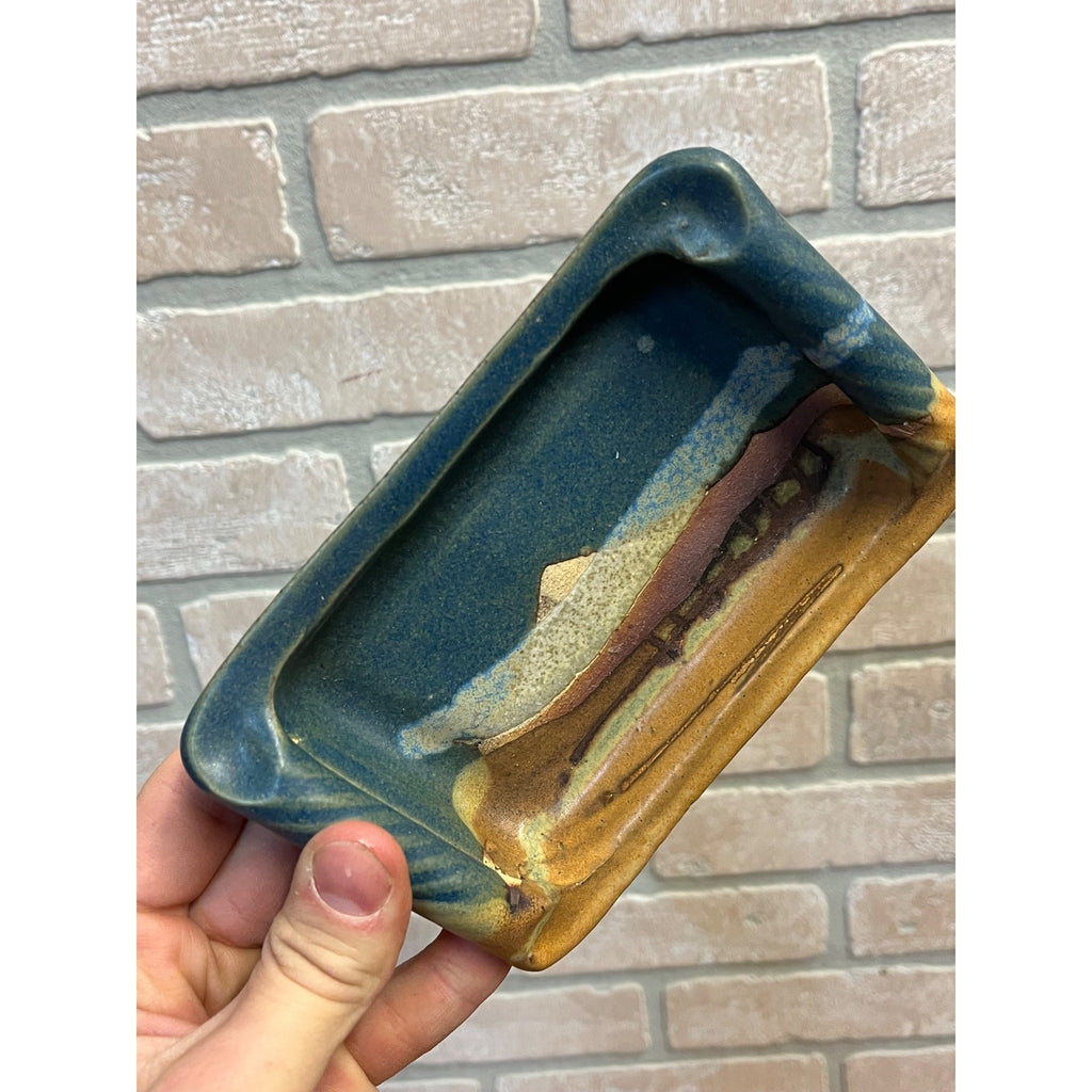 Vintage Studio Pottery Ashtray or Soap Tray MCM Drip Glaze Ceramic Blue Green Brown