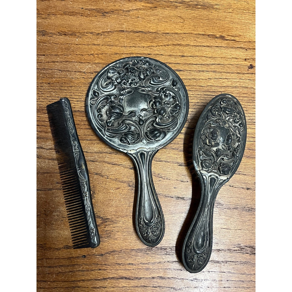 Antique 1900s Art Nouveau 3pc Vanity Set Hand Mirror, Brush, Comb  Silver Plate