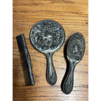 Antique 1900s Art Nouveau 3pc Vanity Set Hand Mirror, Brush, Comb  Silver Plate