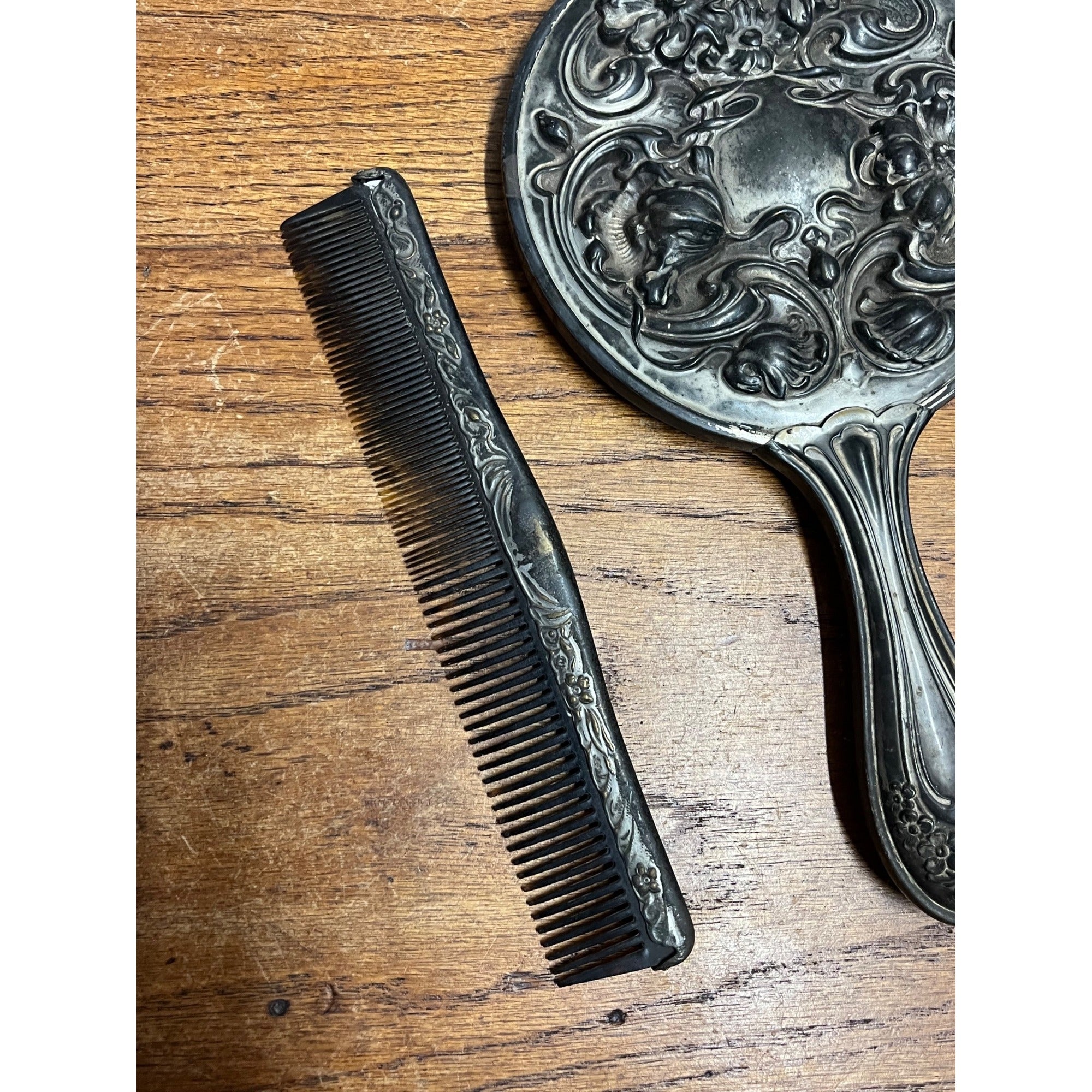 Antique 1900s Art Nouveau 3pc Vanity Set Hand Mirror, Brush, Comb  Silver Plate