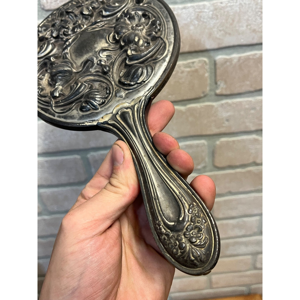 Antique 1900s Art Nouveau 3pc Vanity Set Hand Mirror, Brush, Comb  Silver Plate