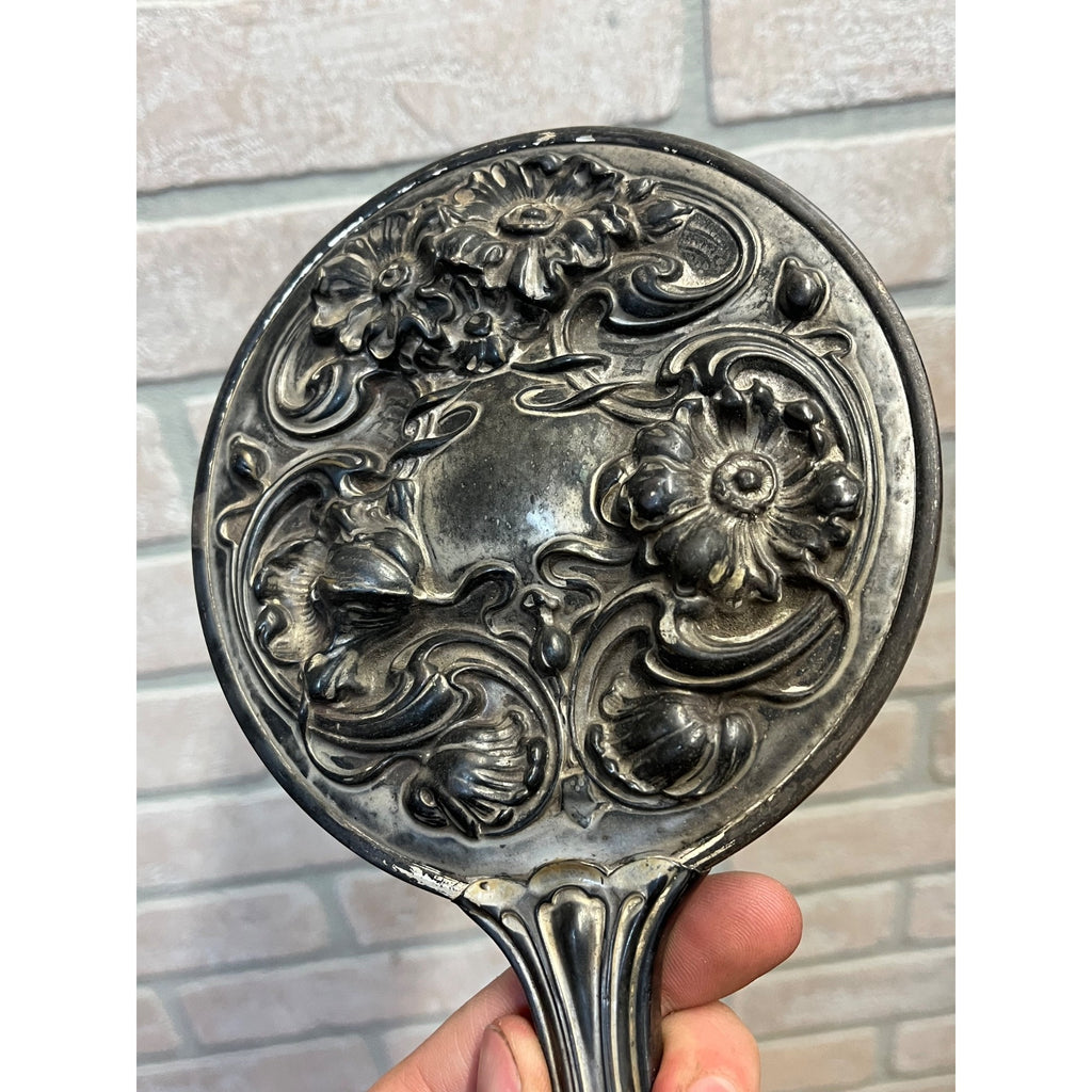 Antique 1900s Art Nouveau 3pc Vanity Set Hand Mirror, Brush, Comb  Silver Plate