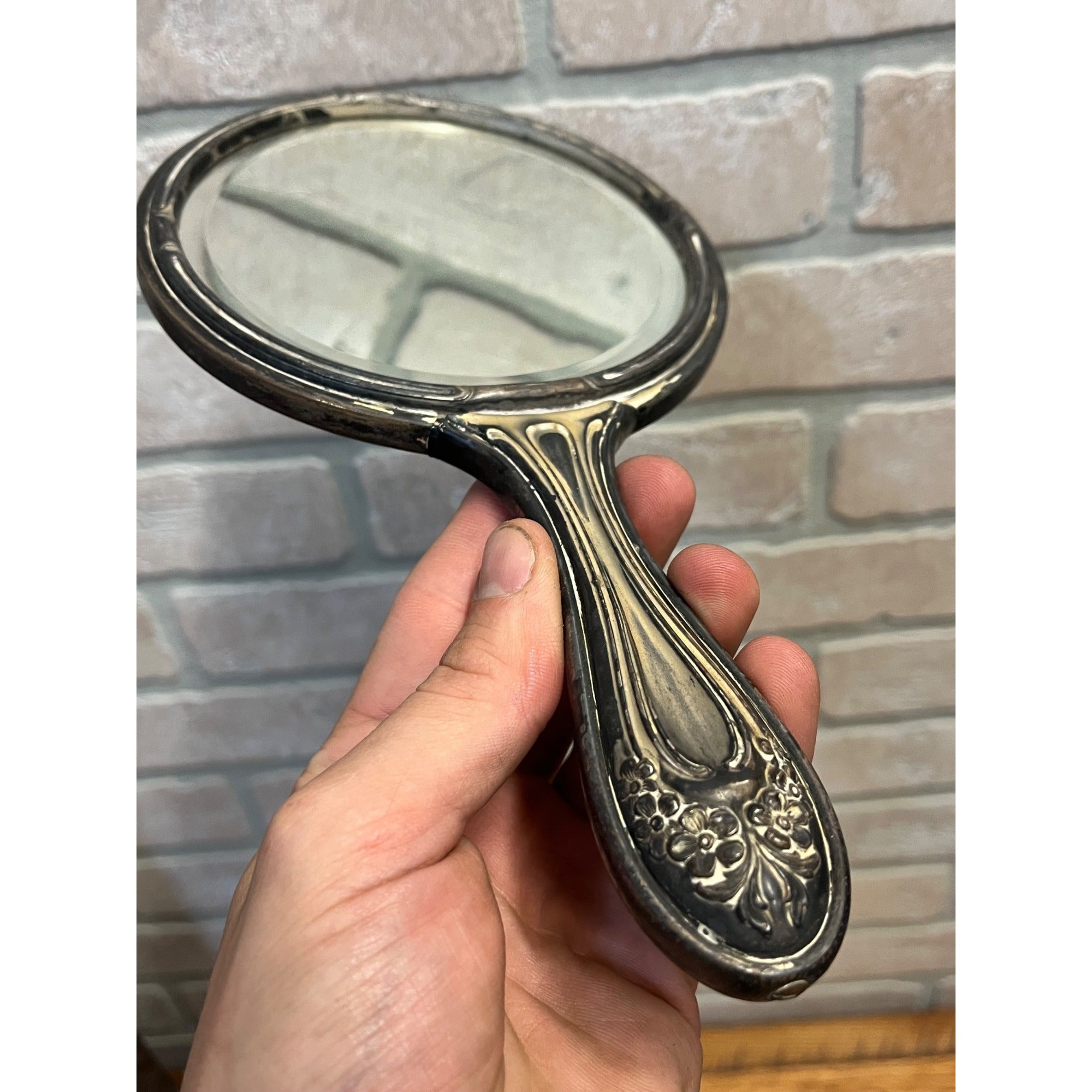 Antique 1900s Art Nouveau 3pc Vanity Set Hand Mirror, Brush, Comb  Silver Plate