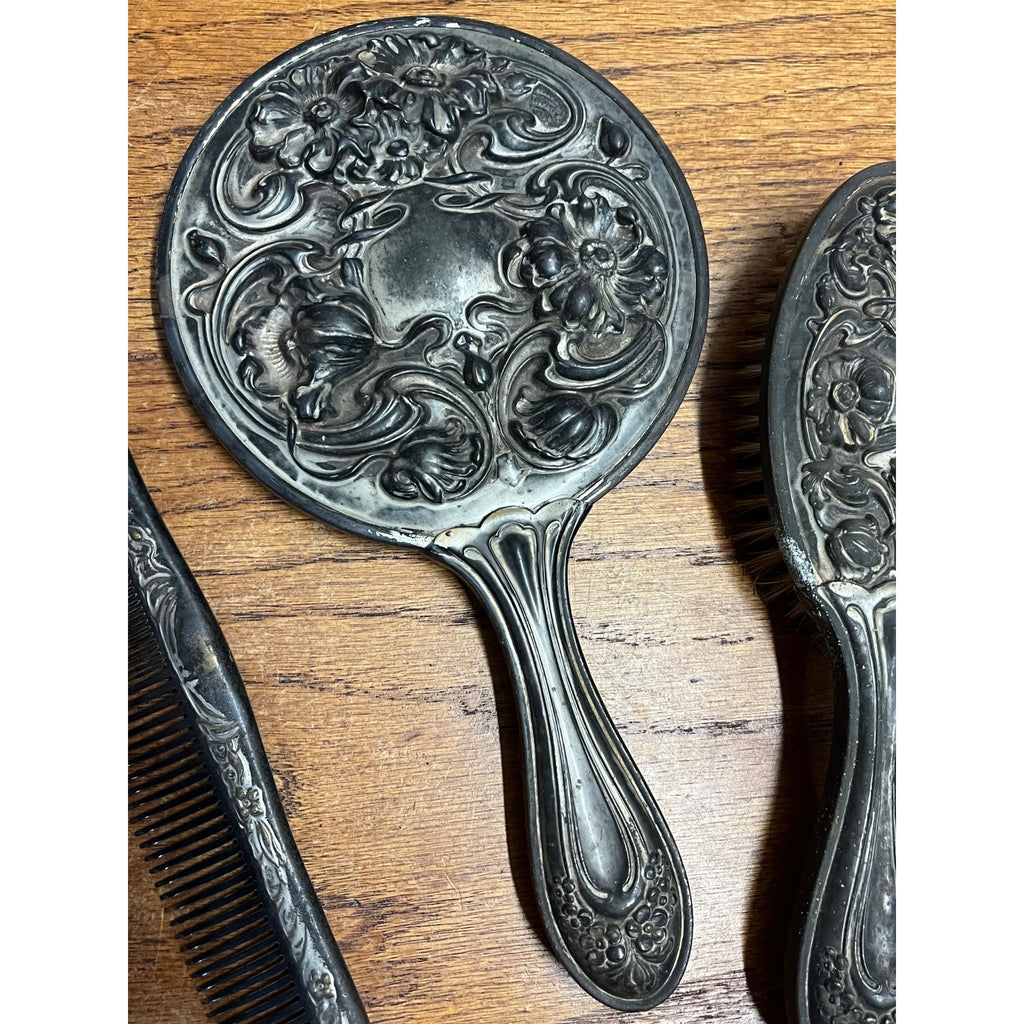 Antique 1900s Art Nouveau 3pc Vanity Set Hand Mirror, Brush, Comb  Silver Plate