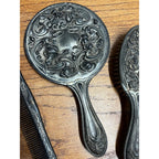 Antique 1900s Art Nouveau 3pc Vanity Set Hand Mirror, Brush, Comb  Silver Plate