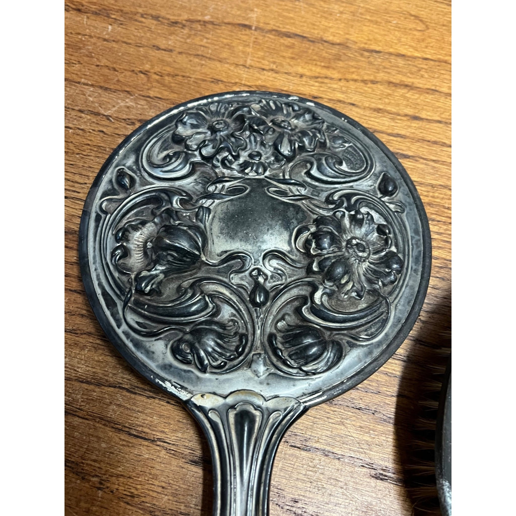 Antique 1900s Art Nouveau 3pc Vanity Set Hand Mirror, Brush, Comb  Silver Plate