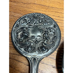 Antique 1900s Art Nouveau 3pc Vanity Set Hand Mirror, Brush, Comb  Silver Plate