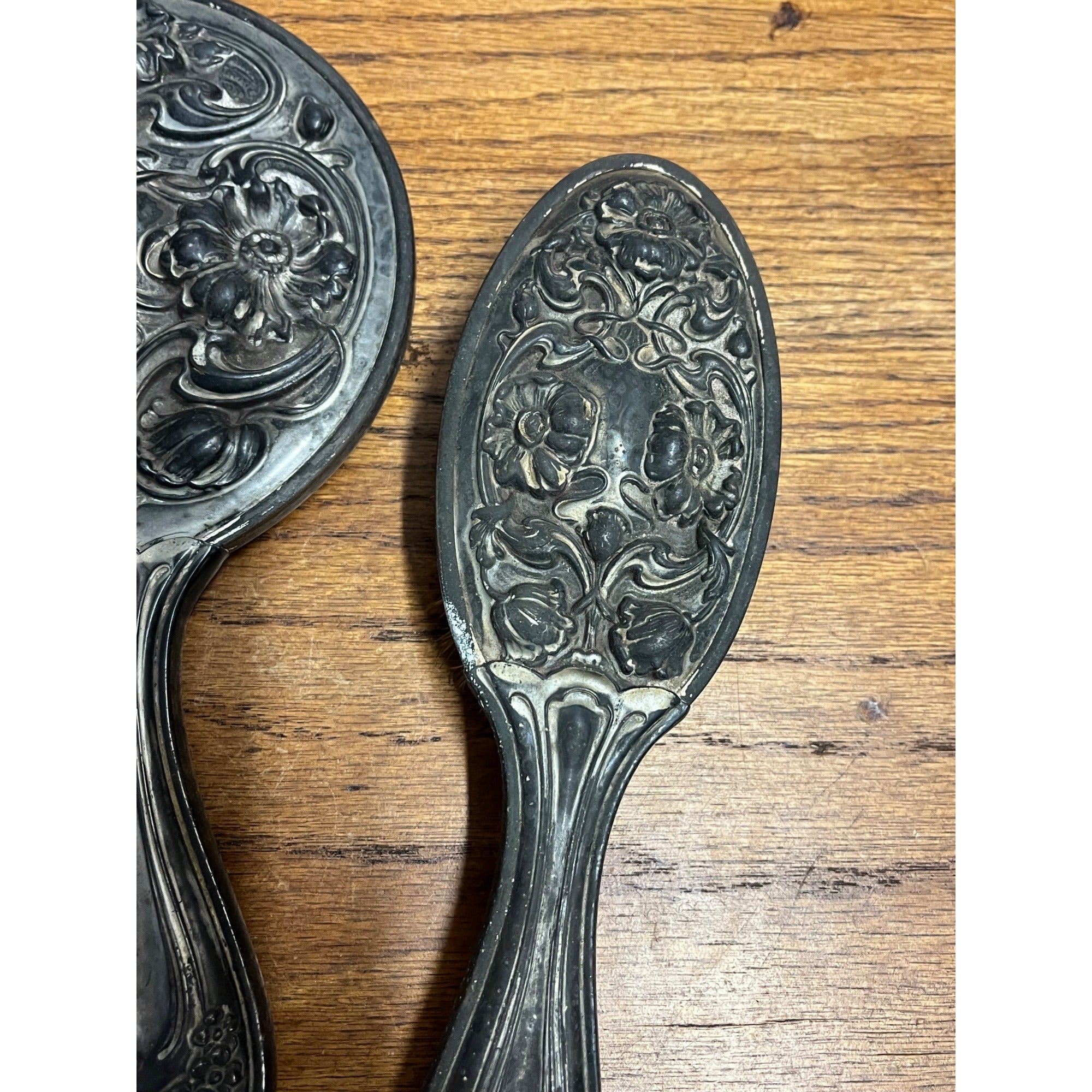Antique 1900s Art Nouveau 3pc Vanity Set Hand Mirror, Brush, Comb  Silver Plate