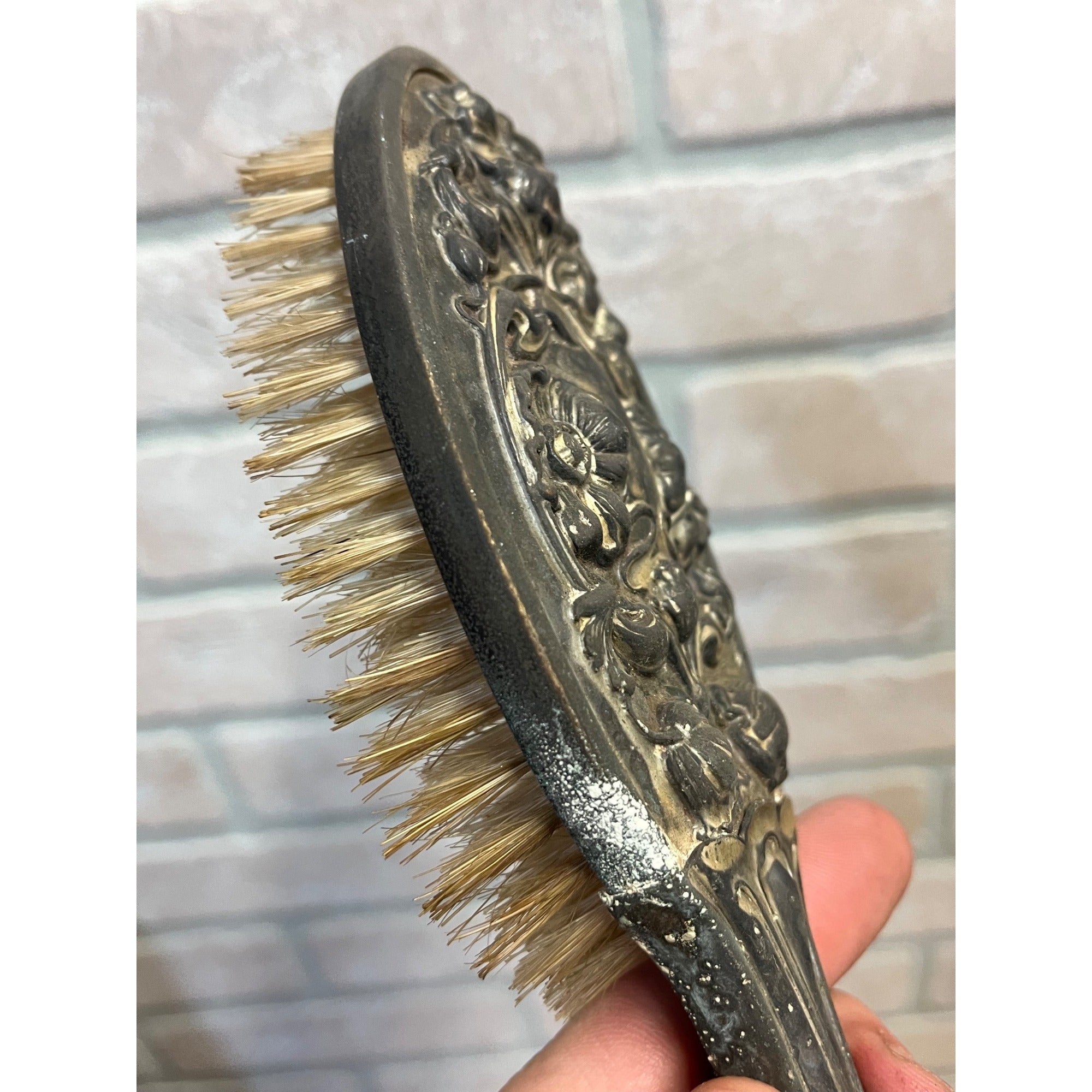 Antique 1900s Art Nouveau 3pc Vanity Set Hand Mirror, Brush, Comb  Silver Plate